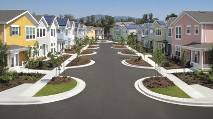 Obraz premium Colorful Residential Neighborhood with Solar Panels and Greenery