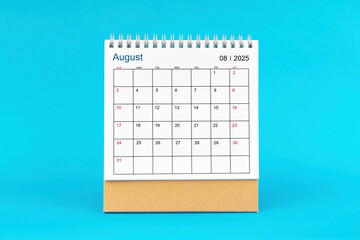 August 2025, Monthly desk calendar for 2025 year on Blue background.