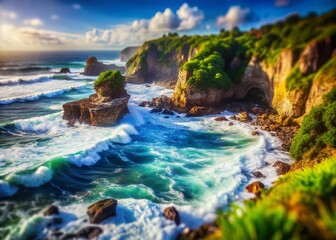 A Dramatic Tilt-Shift View of a Turbulent Ocean Scene with Waves Crashing Against Rocky Cliffs Surrounded by Lush Greenery for Nature and Adventure Photography