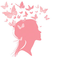 Pink woman face and butterfly silhouette on vector illustration on transparent background