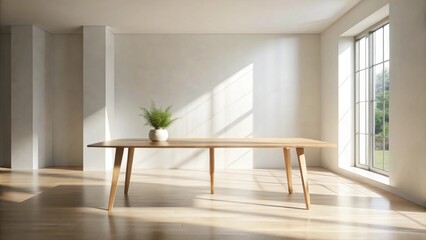 Fototapeta premium Light-filled room showcasing a minimalist light oak wood dining table with a small potted plant