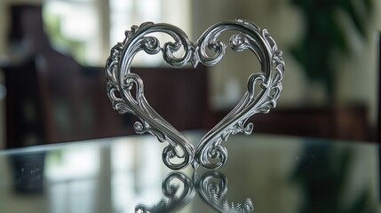 Elegant Heart-Shaped Ornament on a Reflective Surface in Interior