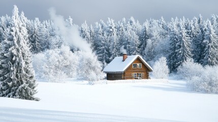Cozy Winter Cabin in Snowy Forest, Scenic Winter Landscape, Snow Covered Trees, Serene Winter Getaway, Winter Cabin Retreat