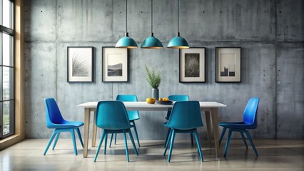 Urban exploration captures a minimalist dining scene: white table, blue chair, framed posters.