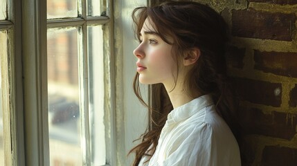 Pensive young caucasian female looking out window in natural light