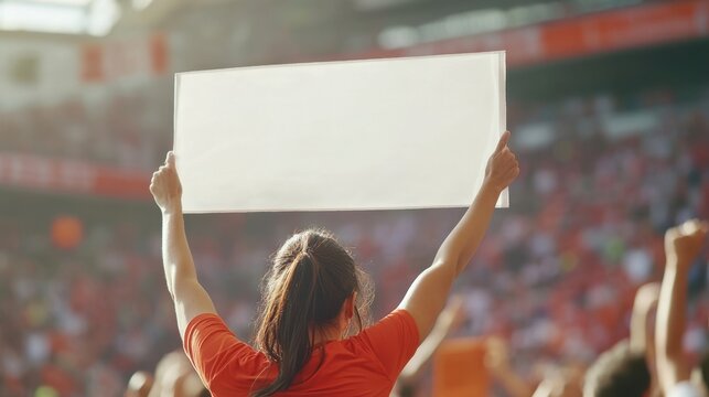 Banner in the hand of a fan at a sports stadium during a match, white empty background to fill copy space