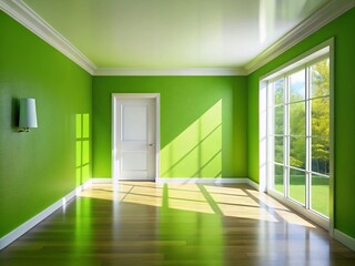 Obraz premium Aerial Drone Shot Green Room White Door Interior Design Photography