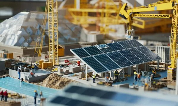 A miniature solar panel installation at a construction site with workers and machinery.