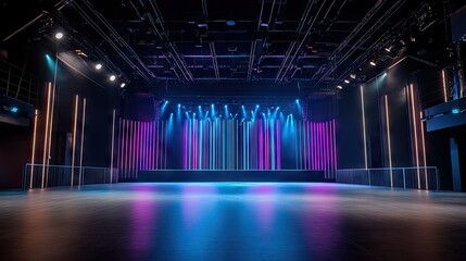 Fototapeta premium Modern Stage Setting with Colorful Neon Lights in a Performance Space