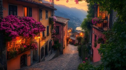 Fototapeta premium Cobblestone street&nbsp;in Italian village lined with colorful buildings. Balconies overflow&nbsp;with flowers, golden evening light highlights&nbsp;historic architecture and stone textures.