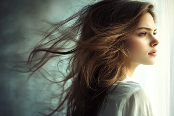 Naklejka premium Serene young caucasian female with flowing brown hair by a sunlit window