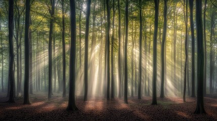 Fototapeta premium A dense forest at sunrise, with rays of soft golden light filtering through the tall trees and casting long, dappled shadows on the forest floor. A thin mist hangs in the air, creating a mystical, 