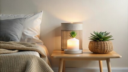 Serene bedroom setting with illuminated candle, woven lamp, and succulent plant on wooden side table