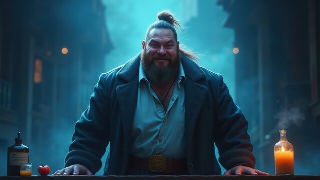 Powerful Character Poses Confidently in a Dimly Lit Street While Holding a Drink