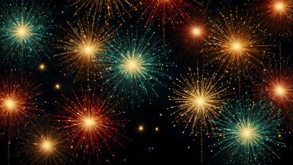 Fototapeta premium Many colorful fireworks burst against a dark night sky.