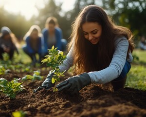 A heartwarming display of a group of diverse volunteers planting trees in a sunny park, showcasing the power of volunteering and community outreach for humanitarian causes Join us in celebrating the