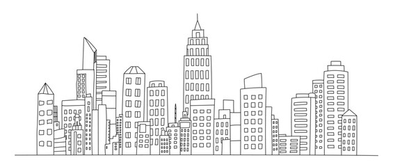 Hand drawn city skyline, Skyline showing several prominent buildings and hotels line vector