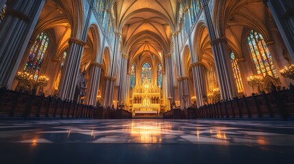 Obraz premium Cathedral interior showcasing grand architecture, intricate arches, and stained glass windows. Gilded altar and detailed frescoes bathed in colored light patterns through windows.