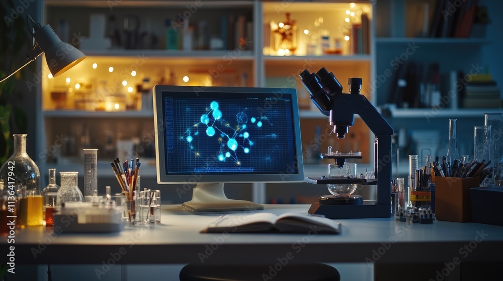 Poster laboratory workspace with microscope and research on computer screen