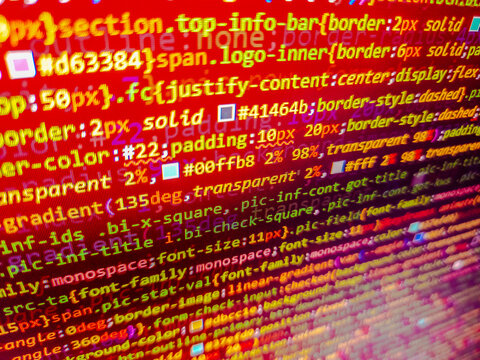 Fragen ?. Programming code on computer screen. Red binary code. Computer code development. Computer technology background. Html with web development. Hacker monitor program. Coded, encryption.