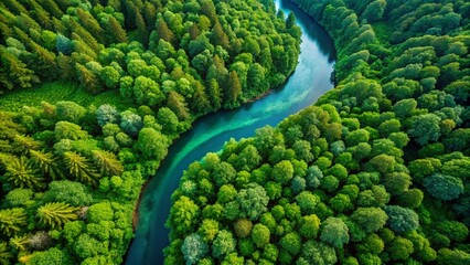 Aerial River Landscape Photography: Lush Green Trees, Tranquil Water, Nature Scenery