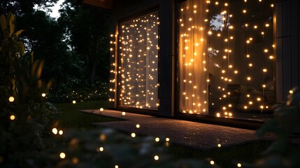 Obraz premium A cozy outdoor scene illuminated by warm string lights, creating a serene ambiance.