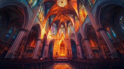 Obraz premium Cathedral interior showcasing grand architecture, intricate arches, and stained glass windows. Gilded altar and detailed frescoes bathed in colored light patterns through windows.