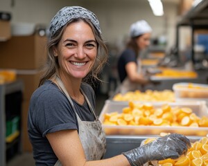 Captured is a vibrant scene of community spirit where dedicated volunteers are preparing nutritious meals in a bustling kitchen With fresh, vibrant ingredients, the focus is on giving back to the