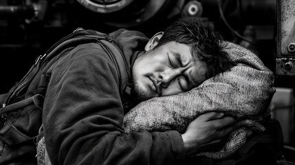 A worker napping on a factory floor, surrounded by heavy machinery, using a simple blanket and a backpack as a pillow, completely at peace