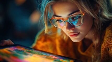 Discover digital design mastery with our tutorials A young woman embraces online courses using a colorful tablet screen, delving into digital education Learn graphic design, UI/UX, and more through