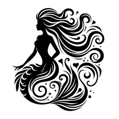 Black and White Silhouette of Mermaid with Elegant Flowing Form	