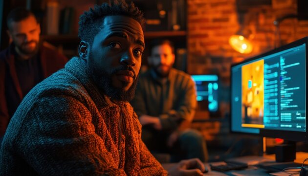 Dynamic intern showcases innovative product concept in compelling presentation, displaying adept public speaking skills to supportive mentors, a prime example of career learning and development