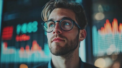 Empowered Young Entrepreneur, with analytical glasses, actively engaging with market trends using advanced online resources and interactive business insights Explore online courses for strategic