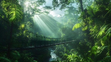 Dense tropical jungle with suspension bridge over rushing river. Sunbeams filter through canopy, highlighting diverse plant life and creating ethereal forest atmosphere.