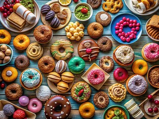 Aerial View Delicious Dessert Table: Donuts, Cookies, Pastries - High-Resolution Food Photography