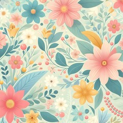 Fresh Spring Floral Background with Pastel Hues and Lively Botanical Patterns	