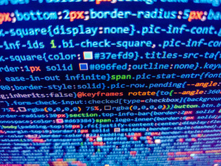 Blue software developer background. Big data business. Abstract computer script code. Web development code on screen. Blue monitor and window. Programmer monitor with php language code.