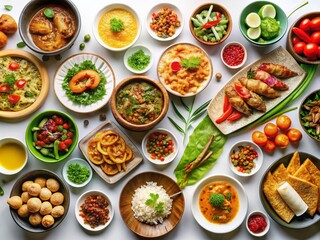 Aerial View Delicious Food Platter, Overhead Shot Diverse Dishes, White Background Culinary Photography