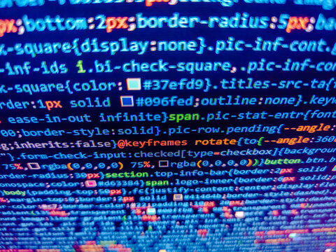 Blue software developer background. Big data business. Abstract computer script code. Web development code on screen. Blue monitor and window. Programmer monitor with php language code.