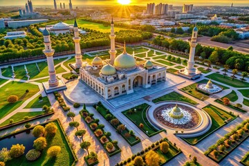 Aerial View Elegant Crescent Mosque Architecture, Islamic Design, Stunning Drone Shot