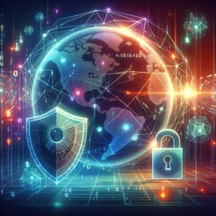 Obraz premium Futuristic Digital Security Illustration with Earth and Cyber Elements in Vibrant Colors