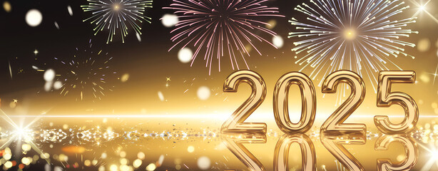 Happy New Year 2025 - Numbers And Fireworks In Glowing Sparkling Background - Festive Holiday Billboard With Creative Text