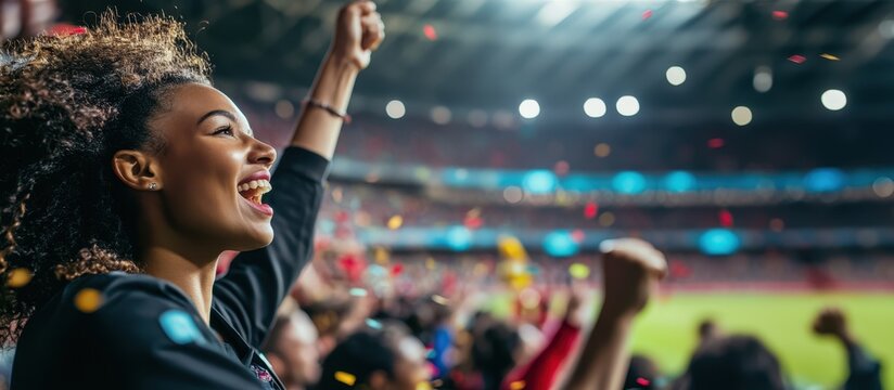 Overjoyed female fan at soccer stadium cheers and celebrates the victory of the team she supports amidst confetti