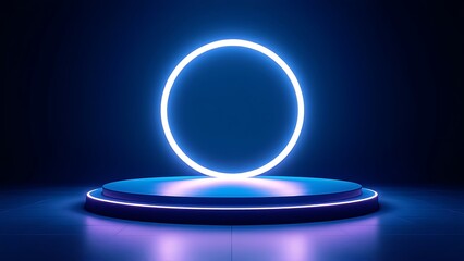 Background podium 3D light neon blue platform stage product abstract. Scene background 3D podium dark pedestal room glow studio empty stand floor night modern circle show space display game led black.