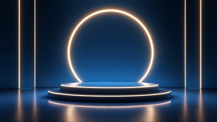 Background podium 3D light neon blue platform stage product abstract. Scene background 3D podium dark pedestal room glow studio empty stand floor night modern circle show space display game led black.