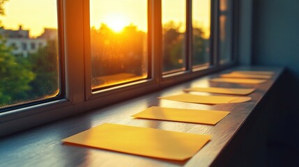 Fototapeta premium Maximize productivity with iconic sticky notes prioritizing key topics, ideal for exam preparation, and effective efficiency markers, organized on a windowsill during sunrise, highlighting study