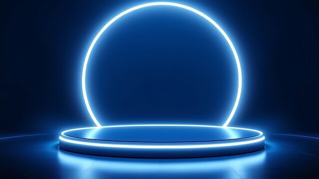 Background podium 3D light neon blue platform stage product abstract. Scene background 3D podium dark pedestal room glow studio empty stand floor night modern circle show space display game led black.