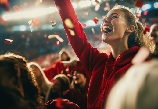Overjoyed female fan at soccer stadium cheers and celebrates the victory of the team she supports amidst confetti