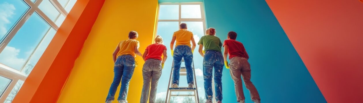 Vibrant community project featuring an energetic team volunteering time, painting a local center with an array of bright colors, showing giving and enthusiastic participation The collaborative effort