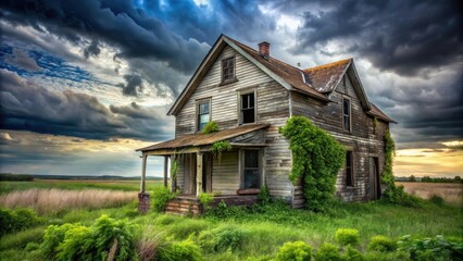 Obraz premium A weathered farmhouse, overtaken by nature, stands solitary under a dramatic sky
